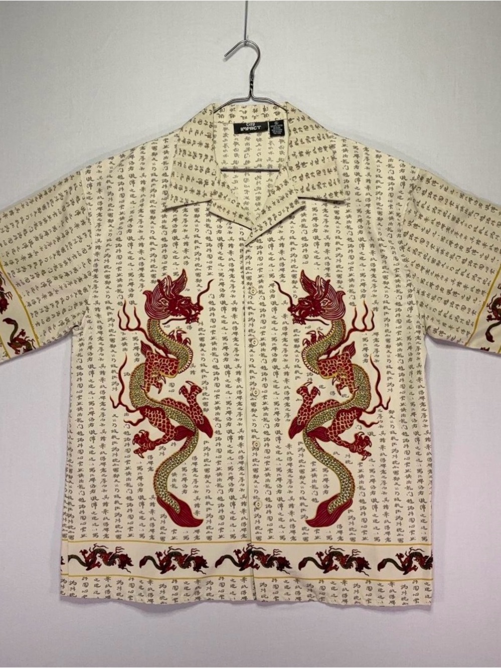 Men's Beige Dragon Print Button-Down Shirt